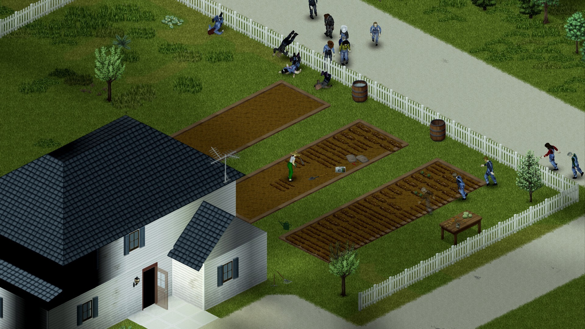 A Project Zomboid co-op survivor group defending a shared safehouse