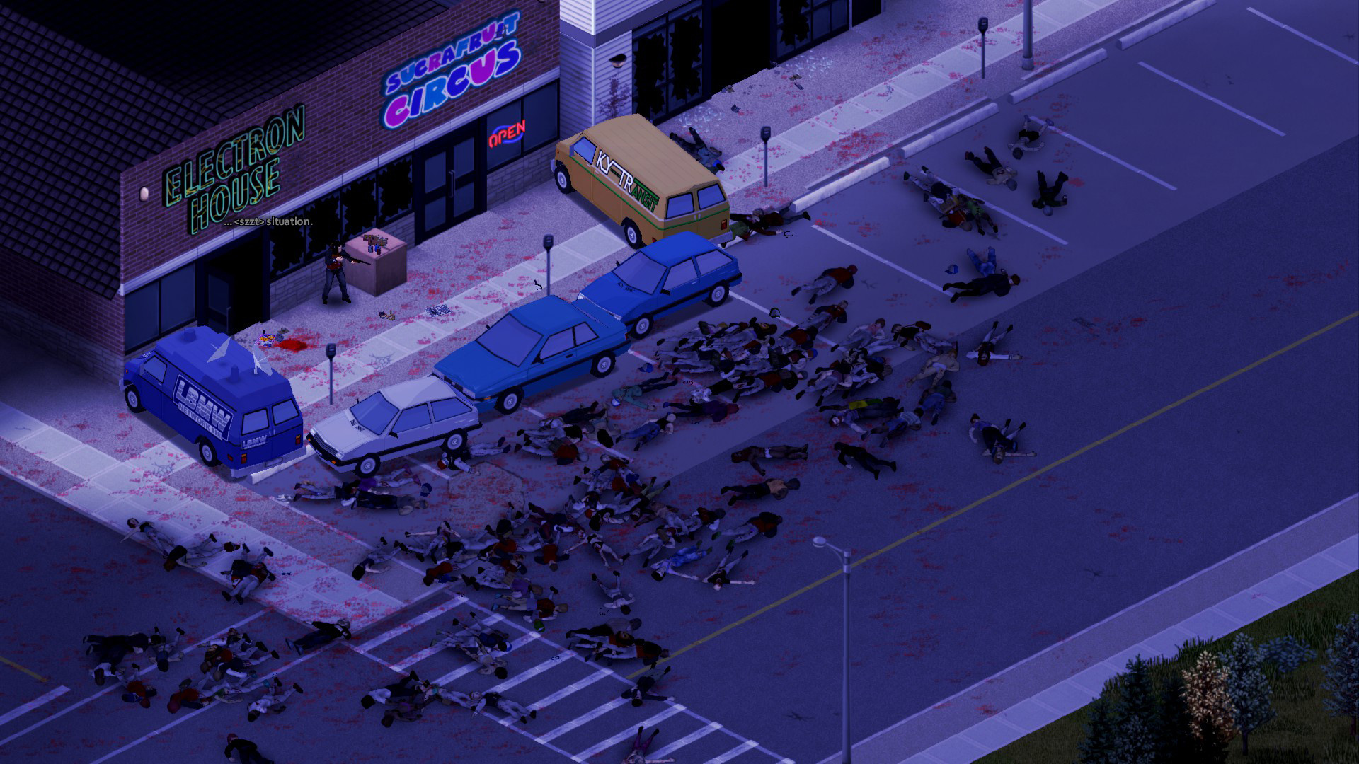 A Project Zomboid vehicle towing another car along a rural road